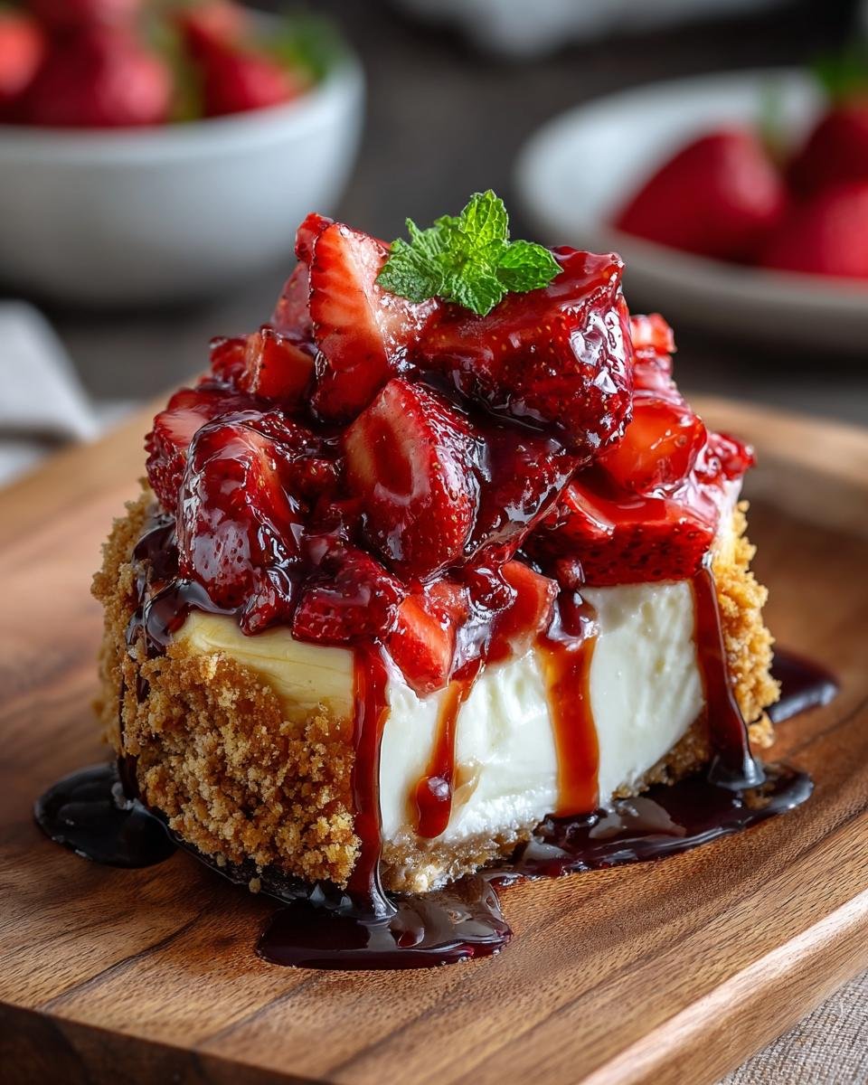 Gros plan d'un taco cheesecake aux fraises, garni de fraises fraîches et de coulis.
