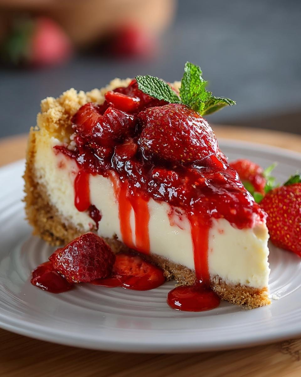 Tacos Cheesecake Fraises: 1 recette facile et divine 3 Gros plan d'une part de Tacos Cheesecake aux Fraises, garnie de coulis de fraises et de menthe.