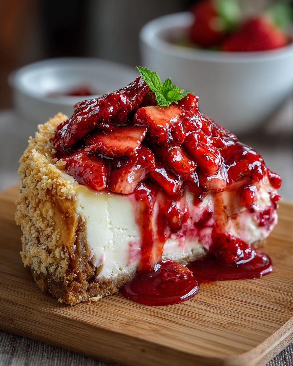 Gros plan d'une part de Tacos Cheesecake aux Fraises, garnie de fraises et de menthe.