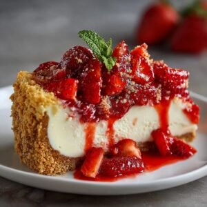Gros plan d'une tranche de Tacos Cheesecake aux Fraises, garnie de fraises fraîches et de coulis.