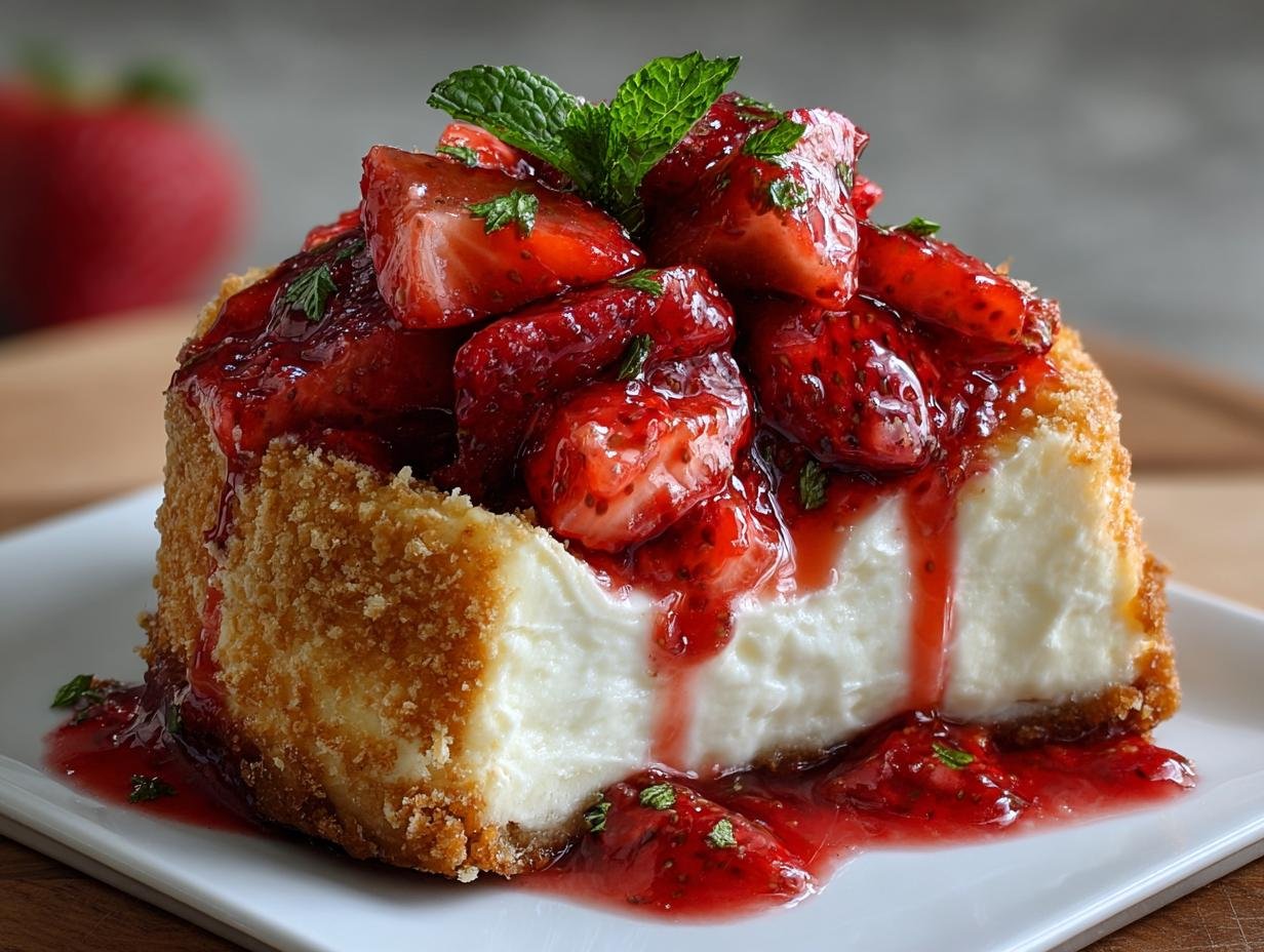 Gros plan d'une tranche de Tacos Cheesecake aux Fraises, garnie de fraises fraîches et de menthe.