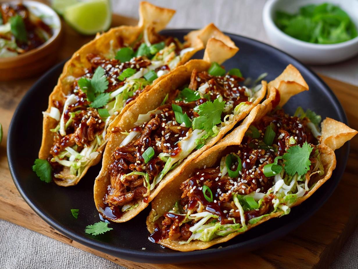 Trois tacos au poulet teriyaki garnis de chou, de graines de sésame et de coriandre sur une assiette noire.
