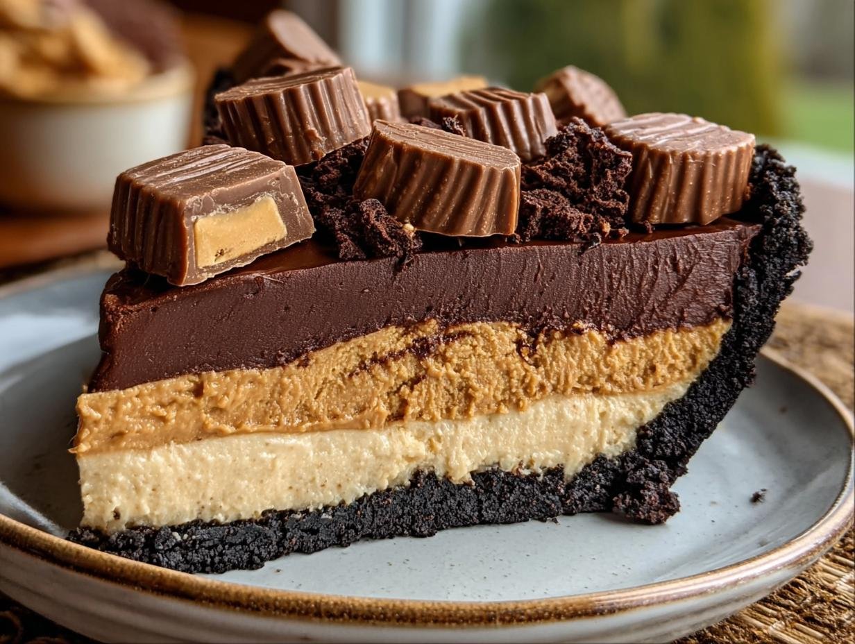 Gros plan d'une tranche de tarte au beurre de cacahuète Reese's avec plusieurs couches et garnie de bonbons Reese's.