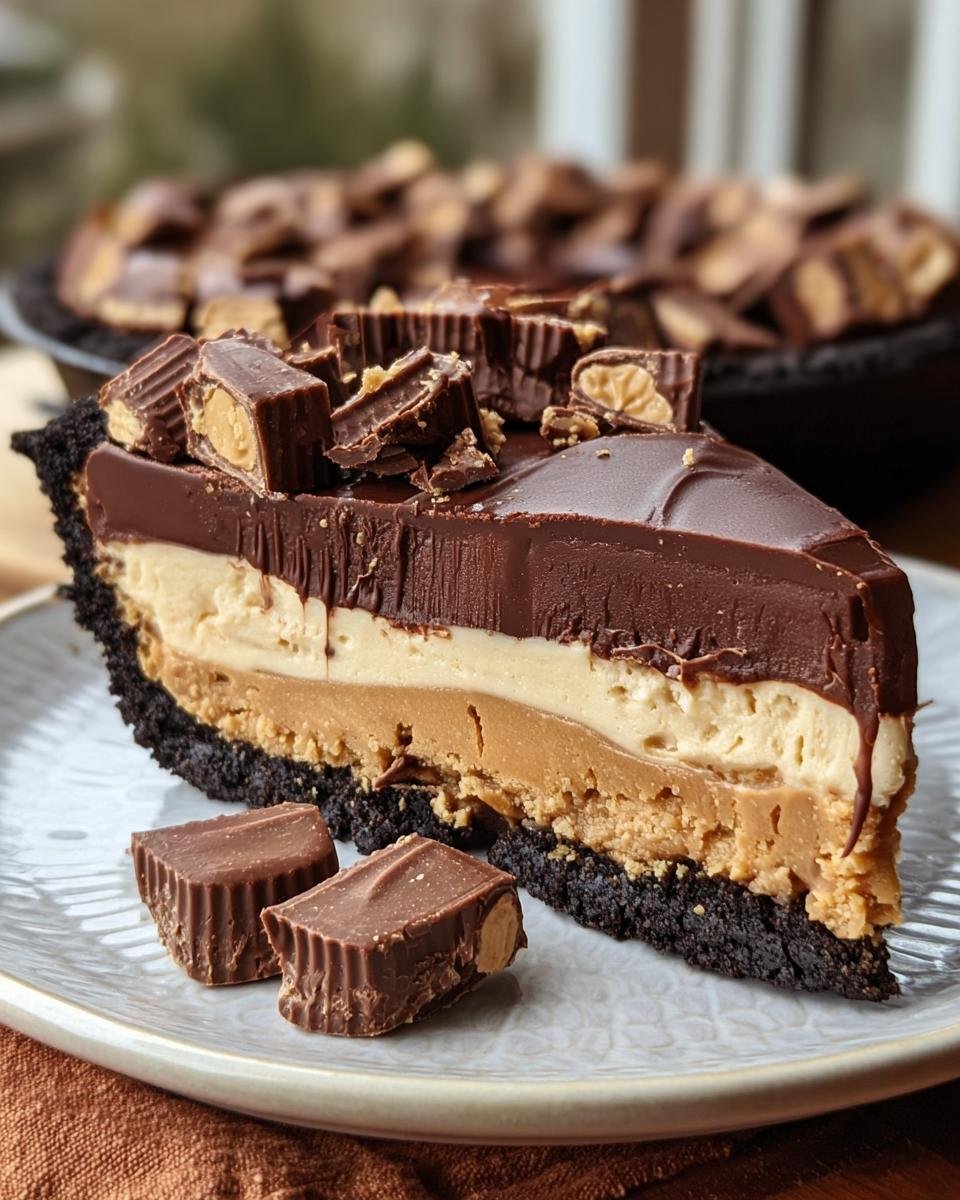 Gros plan d'une tranche de tarte au beurre de cacahuète Reese's avec ses couches de chocolat et de beurre de cacahuète.