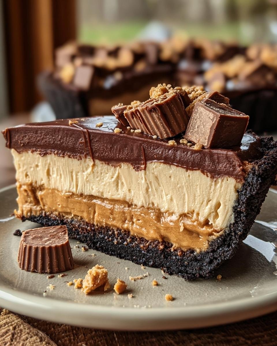 Gros plan d'une tranche de tarte au beurre de cacahuète Reese's avec des couches de chocolat et de beurre de cacahuète.