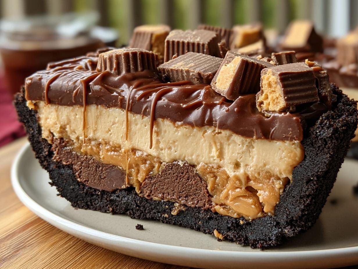 Gros plan d'une tranche de tarte au beurre de cacahuète Reese's, garnie de morceaux de bonbons et de chocolat fondu.