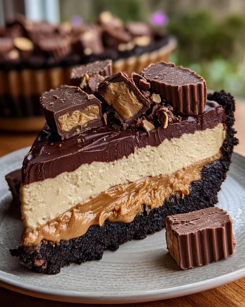 Gros plan d'une tranche de tarte au beurre de cacahuète Reese's, garnie de morceaux de bonbons.