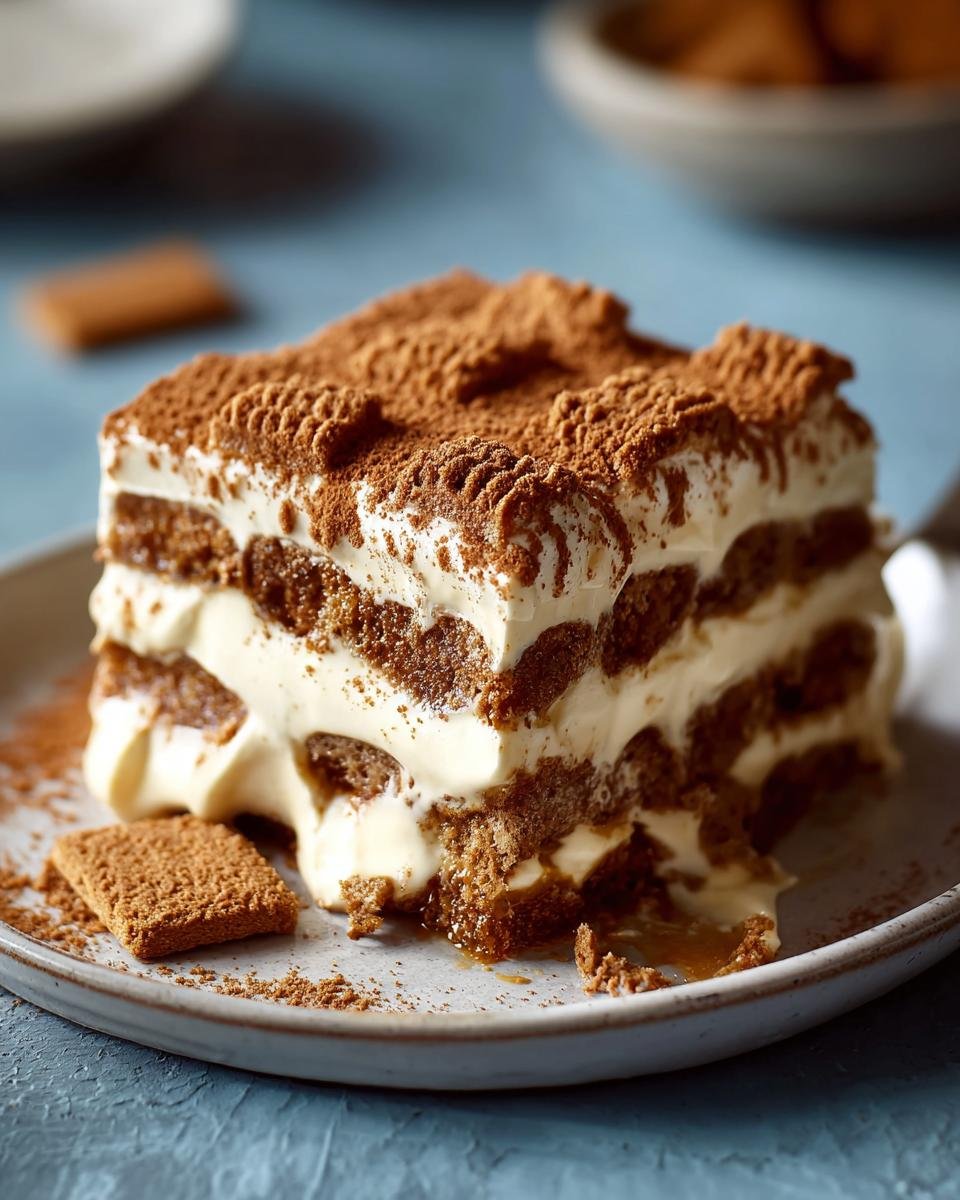 Tiramisu Biscoff Spéculoos : 1 délice végétalien 3 Gros plan d'une tranche de Tiramisu Biscoff Spéculoos végétalien, garnie de cacao et de biscuits.