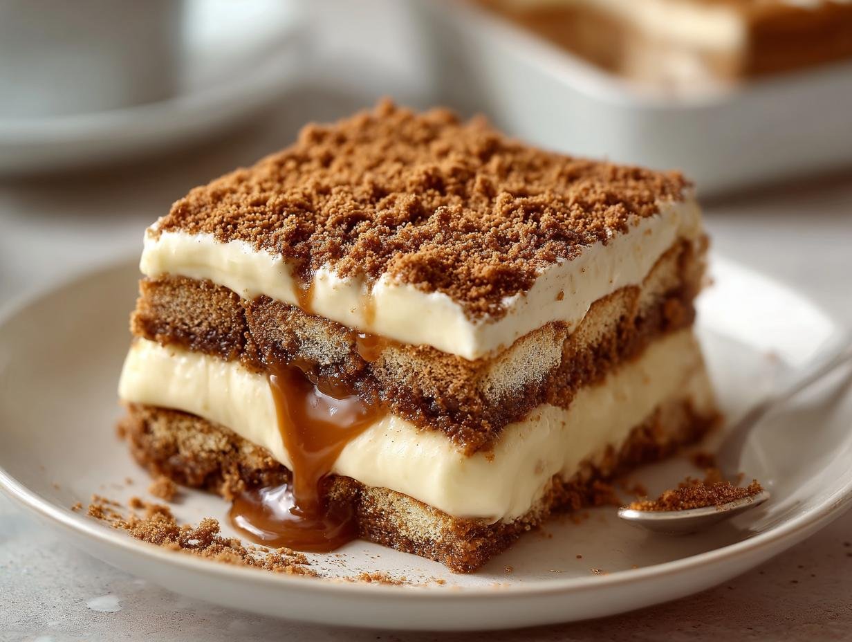 Tiramisu Biscoff Spéculoos : 1 délice végétalien 2 Gros plan d'une tranche de tiramisu Biscoff Spéculoos végétalien, avec de la crème onctueuse et un coulis de caramel coulant.