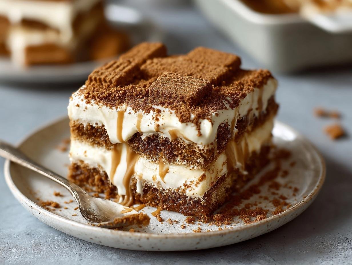 Tiramisu Biscoff Spéculoos : 1 délice végétalien 1 Gros plan d'une tranche de Tiramisu Biscoff Spéculoos végétalien, garnie de biscuits et de sauce caramel.