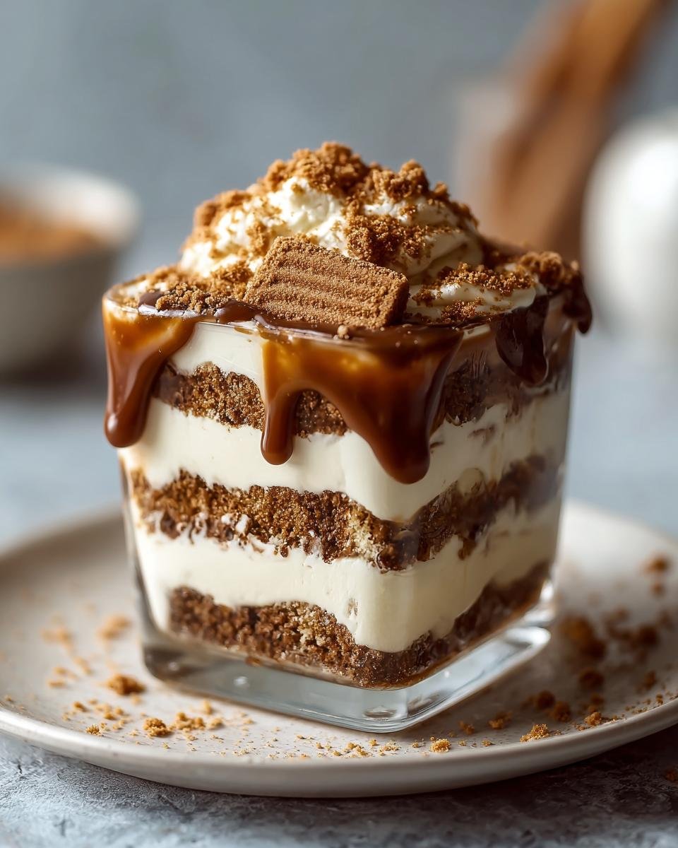 Tiramisu Biscoff Spéculoos : 1 délice végétalien 4 Gros plan d'un tiramisu Biscoff Spéculoos végétalien en verrine, garni de crème fouettée, de sauce caramel et de biscuits émiettés.