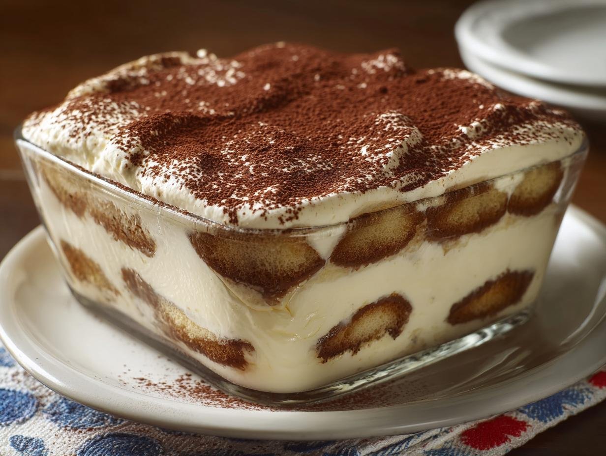Gros plan d'un tiramisu au cottage cheese dans un plat en verre, saupoudré de cacao.