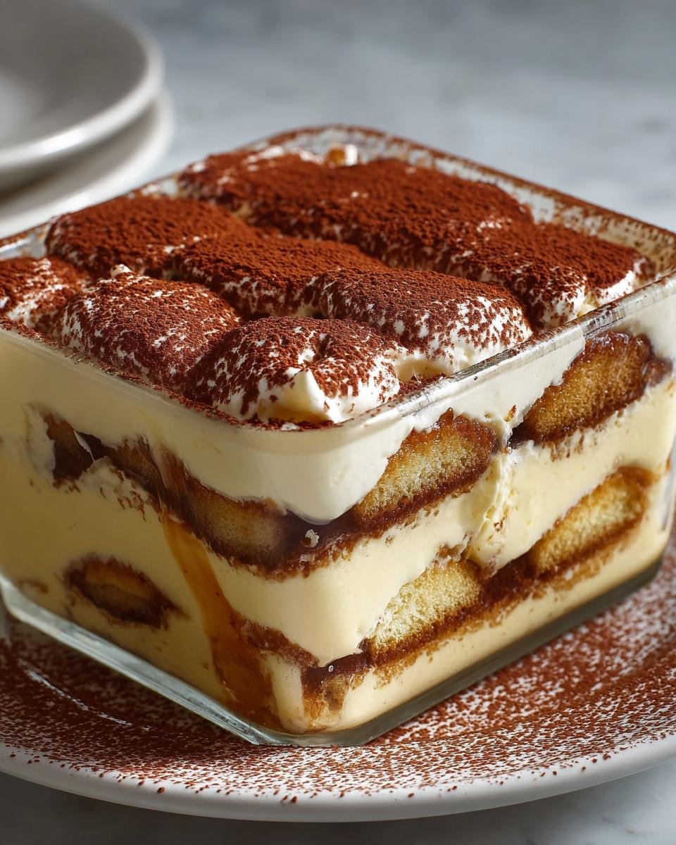 Gros plan d'un tiramisu au cottage cheese dans un plat en verre, saupoudré de cacao.