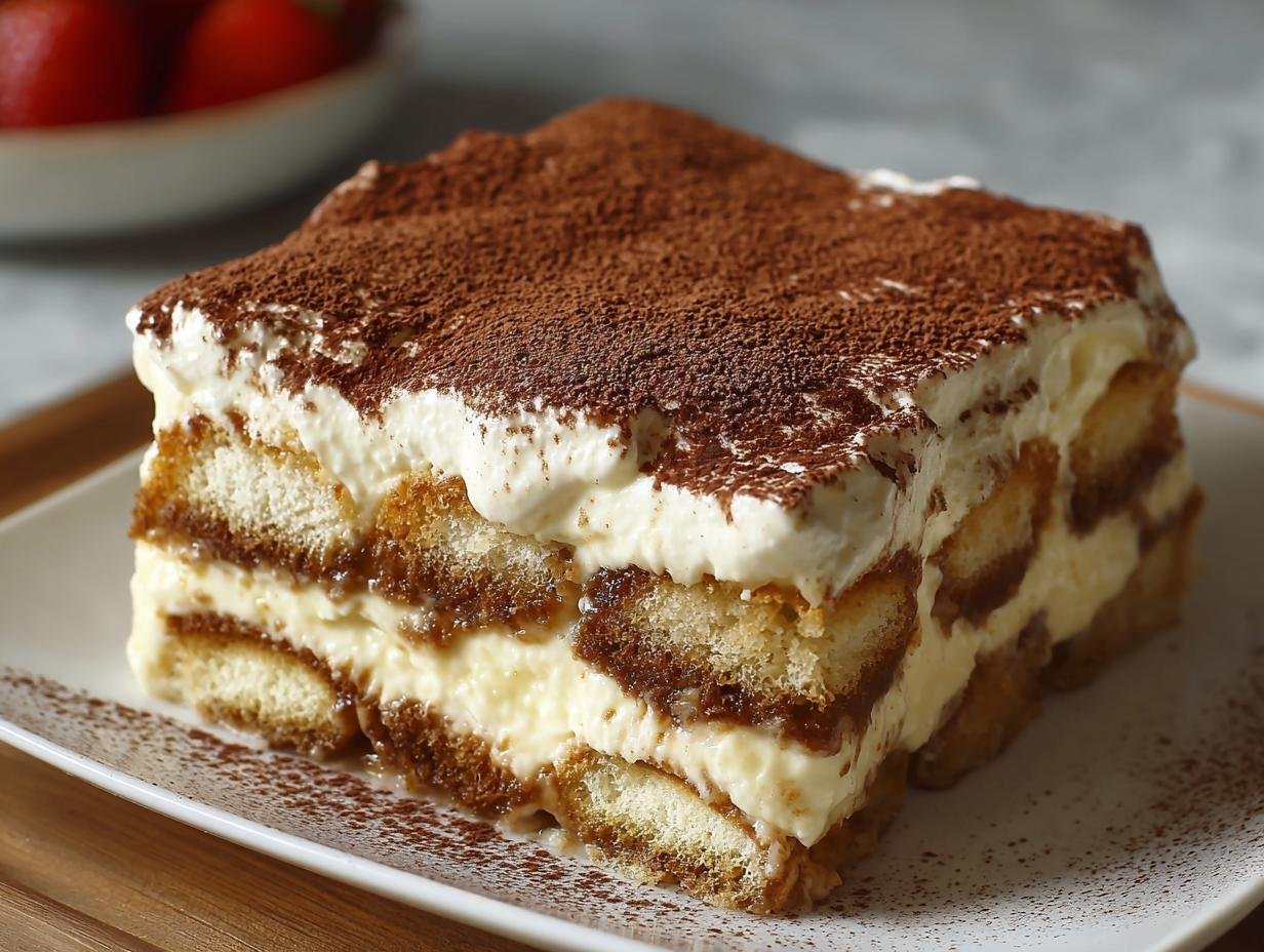Gros plan d'une tranche de tiramisu au cottage cheese, garnie de cacao en poudre.