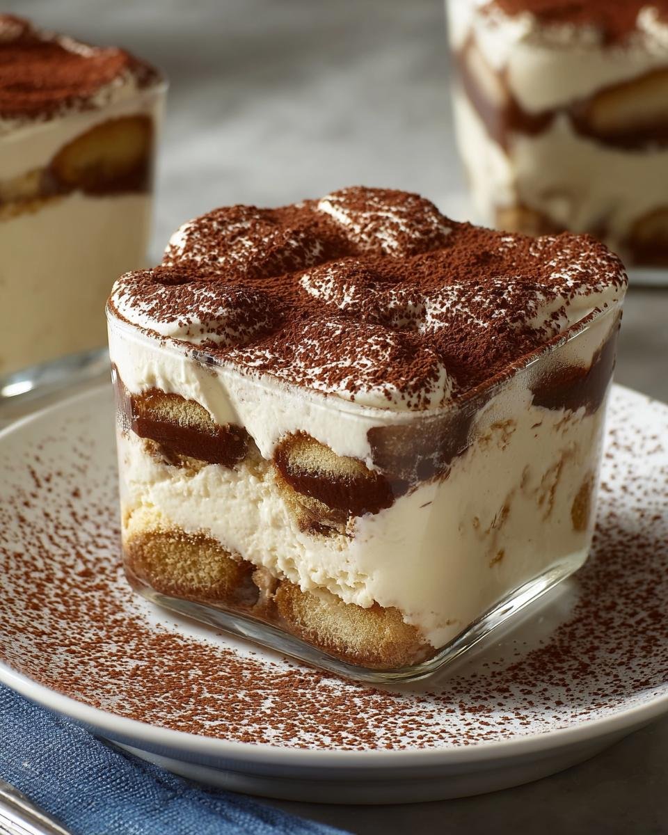 Gros plan d'un tiramisu au cottage cheese dans un verre, garni de cacao en poudre.