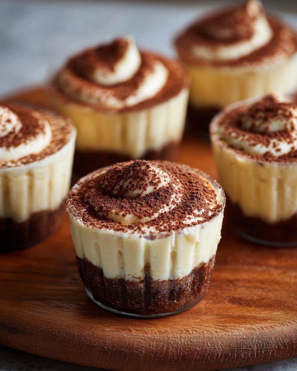 Gros plan sur des tiramisu cups individuels saupoudrés de cacao sur une planche en bois.