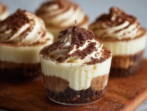 Gros plan sur des tiramisu cups individuels, garnies de crème fouettée et de cacao en poudre.
