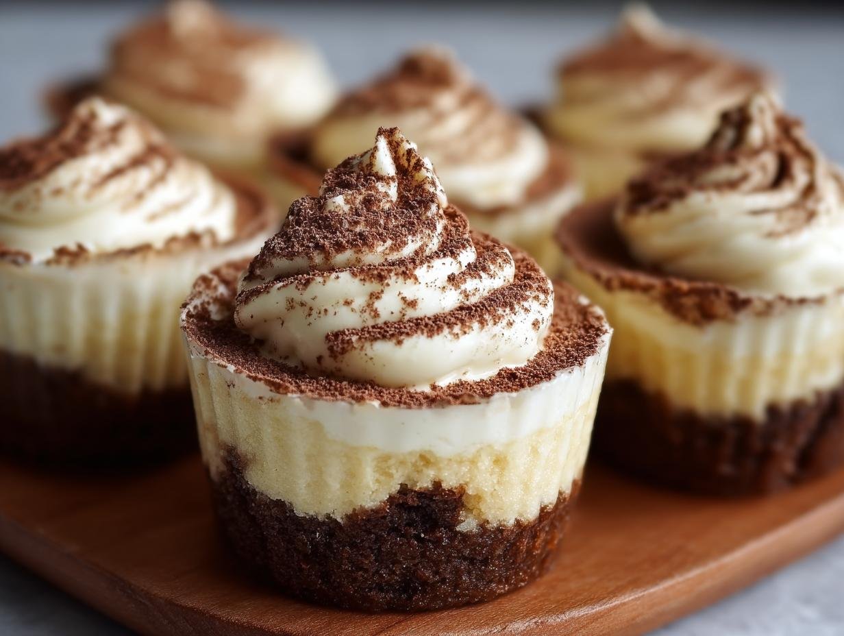 Gros plan sur des tiramisu cups individuels, garnis de crème fouettée et de cacao en poudre.