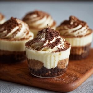 Gros plan sur des tiramisu cups individuels, garnis de crème fouettée et de cacao en poudre.