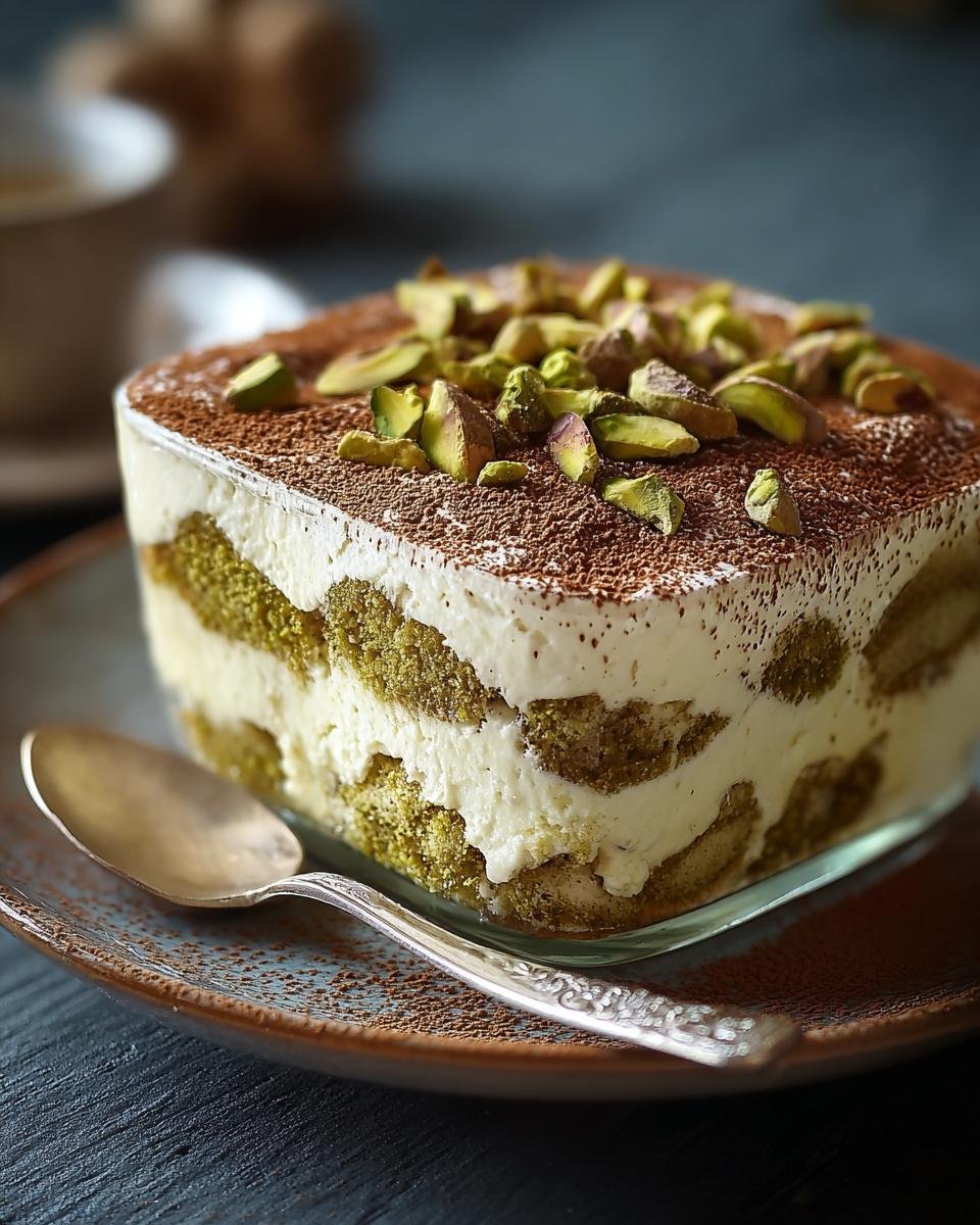 Tiramisu à la pistache : 1 délice sicilien divin 2 Gros plan d'un tiramisu à la pistache dans un verre, garni de pistaches concassées et de cacao.