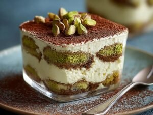 Gros plan d'un tiramisu à la pistache individuel dans un verre, garni de pistaches et de cacao.