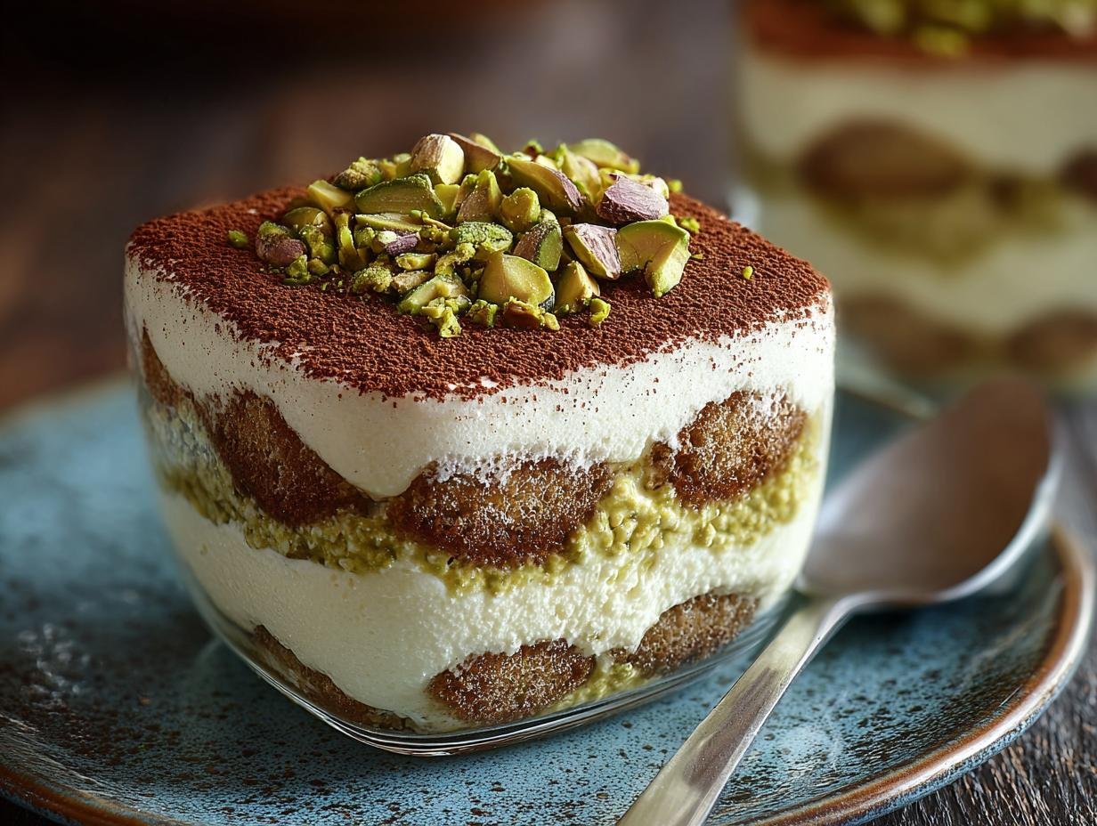 Tiramisu à la pistache : 1 délice sicilien divin 1 Gros plan d'un tiramisu à la pistache individuel, garni de pistaches concassées et de cacao.