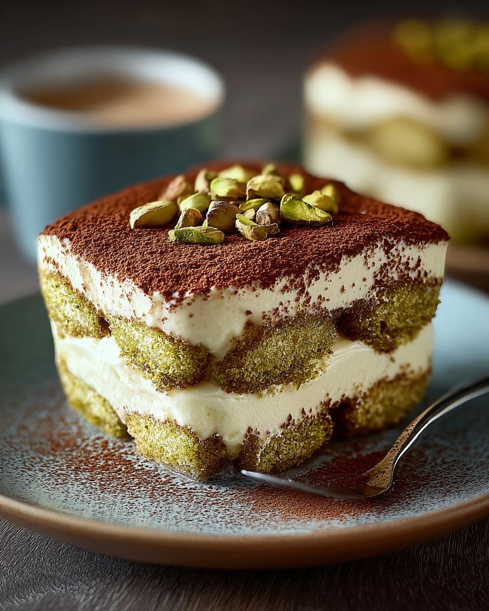Tiramisu à la pistache : 1 délice sicilien divin 4 Gros plan d'une part de tiramisu à la pistache saupoudrée de cacao et garnie de pistaches concassées.
