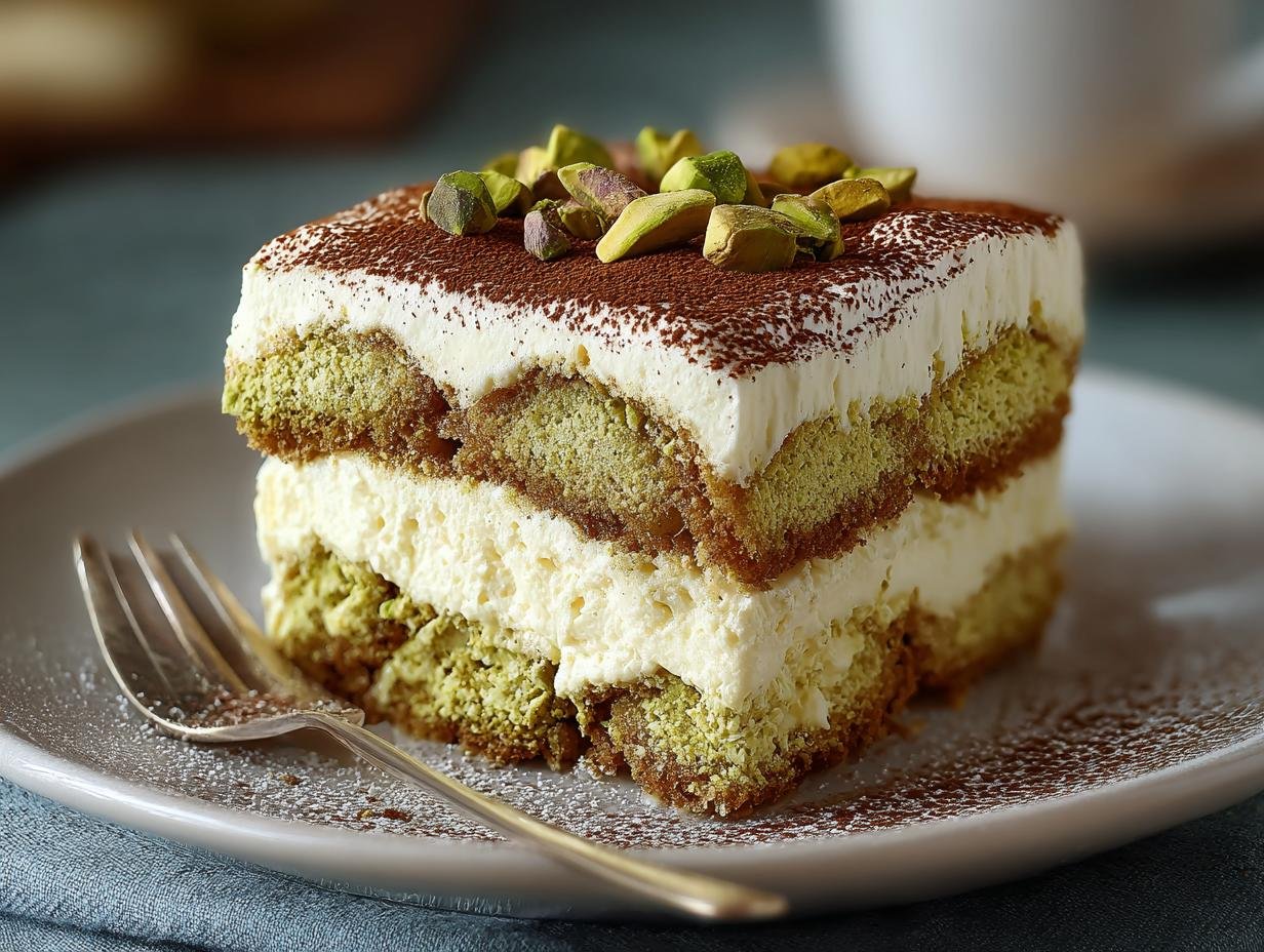 Tiramisu à la pistache : 1 délice sicilien divin 3 Gros plan d'une part de tiramisu à la pistache sur une assiette blanche, garnie de pistaches concassées et de cacao.