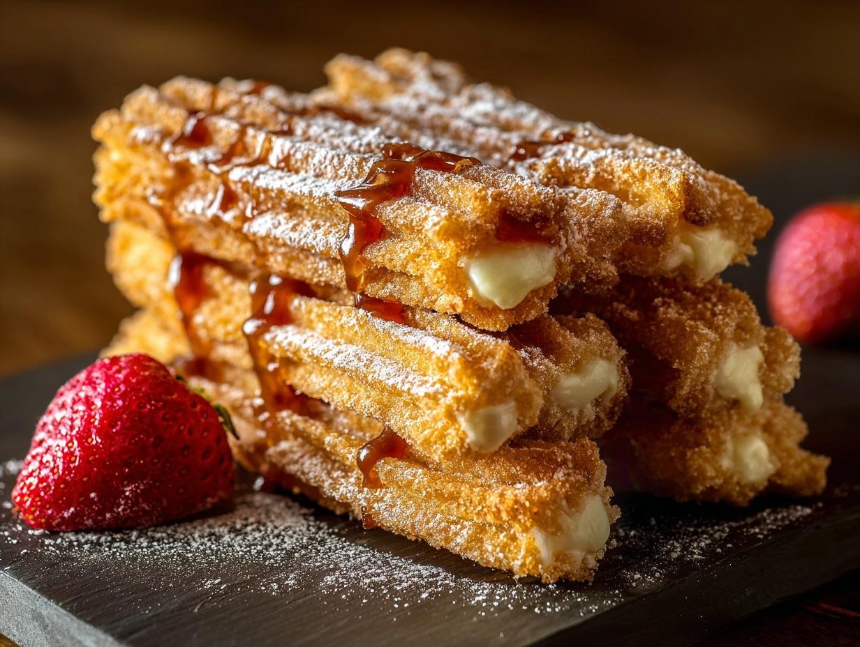 Gros plan de churros garnis de crème, saupoudrés de sucre glace et nappés de caramel, avec une fraise à côté.