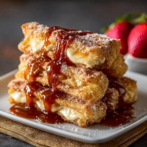 Toffee aux Crackers Churros Rapid : 15 min de bonheur 5 Gros plan de Toffee aux Crackers Churros Rapid empilés, nappés de sauce caramel et saupoudrés de sucre.