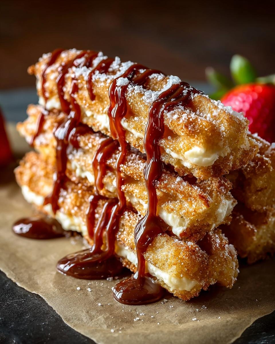 Pile de Toffee aux Crackers Churros Rapid, nappés de sauce chocolat et saupoudrés de sucre glace.