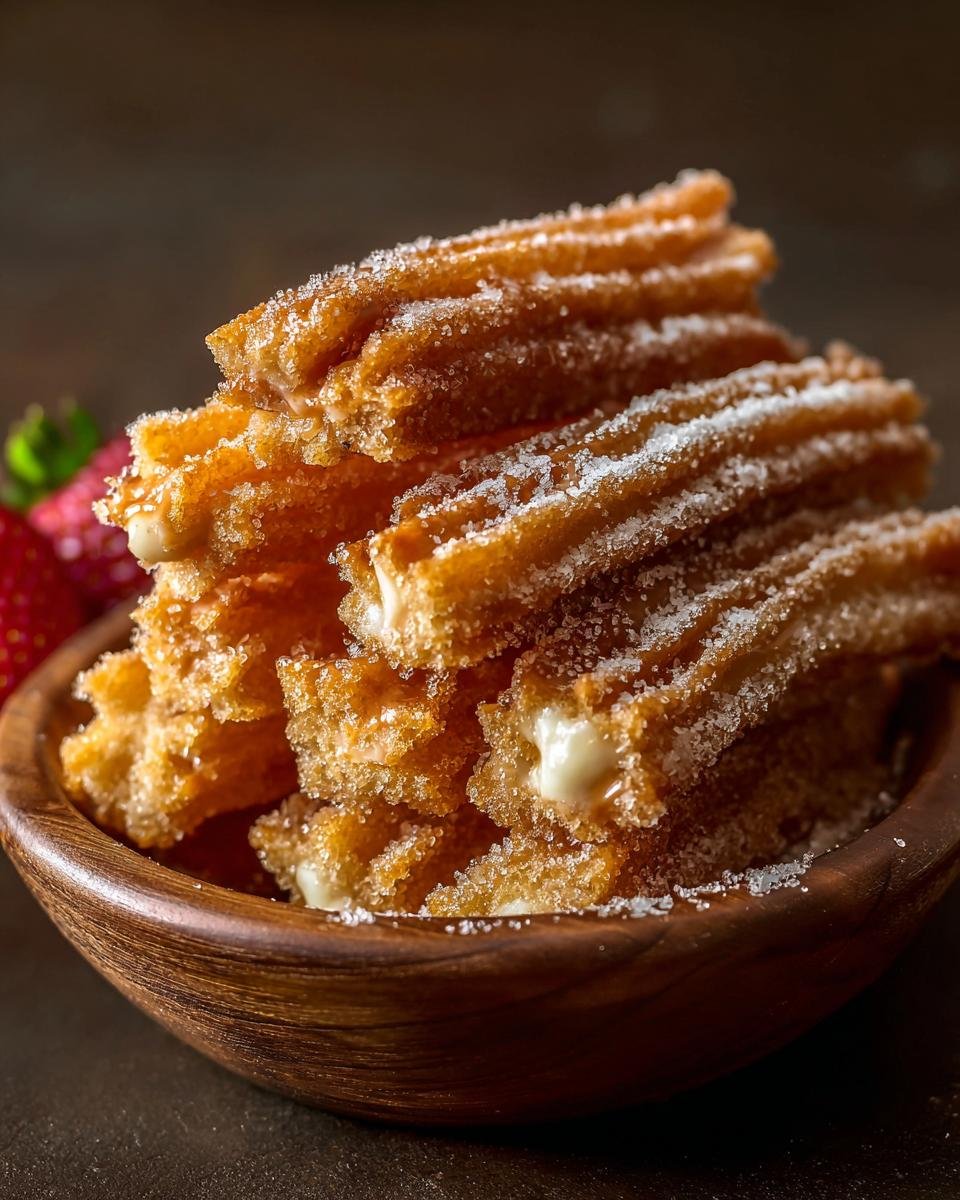 Gros plan de toffee aux crackers churros rapid, saupoudrés de sucre, servis dans un bol en bois.