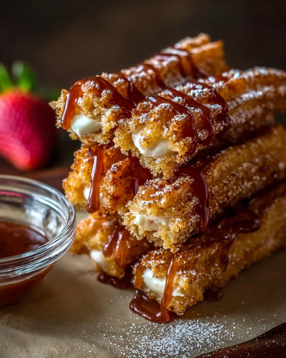 Pile de Toffee aux Crackers Churros garnis de crème et nappés de sauce caramel, saupoudrés de sucre glace.