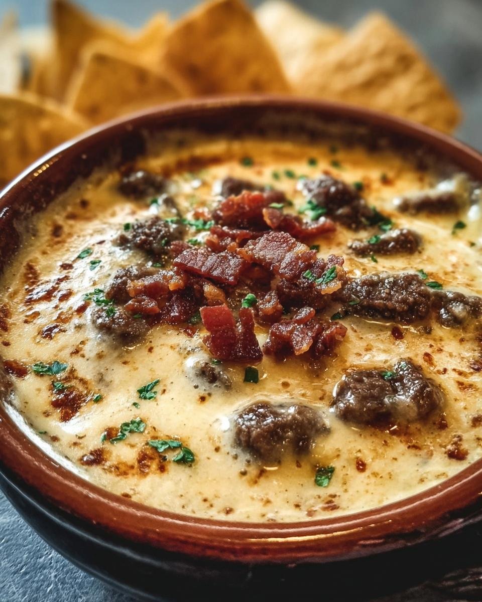 Gros plan d'une trempette Queso au Bœuf crémeuse garnie de bacon croustillant et de persil, avec des chips tortilla en arrière-plan.