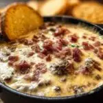 Gros plan d'une trempette Queso au Bœuf crémeuse et bouillonnante, garnie de bacon croustillant et de persil, avec des toasts en arrière-plan.