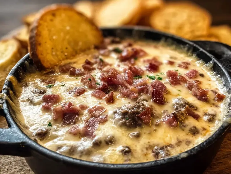 Gros plan d'une trempette Queso au Bœuf crémeuse et bouillonnante, garnie de bacon croustillant et de persil, avec des toasts en arrière-plan.