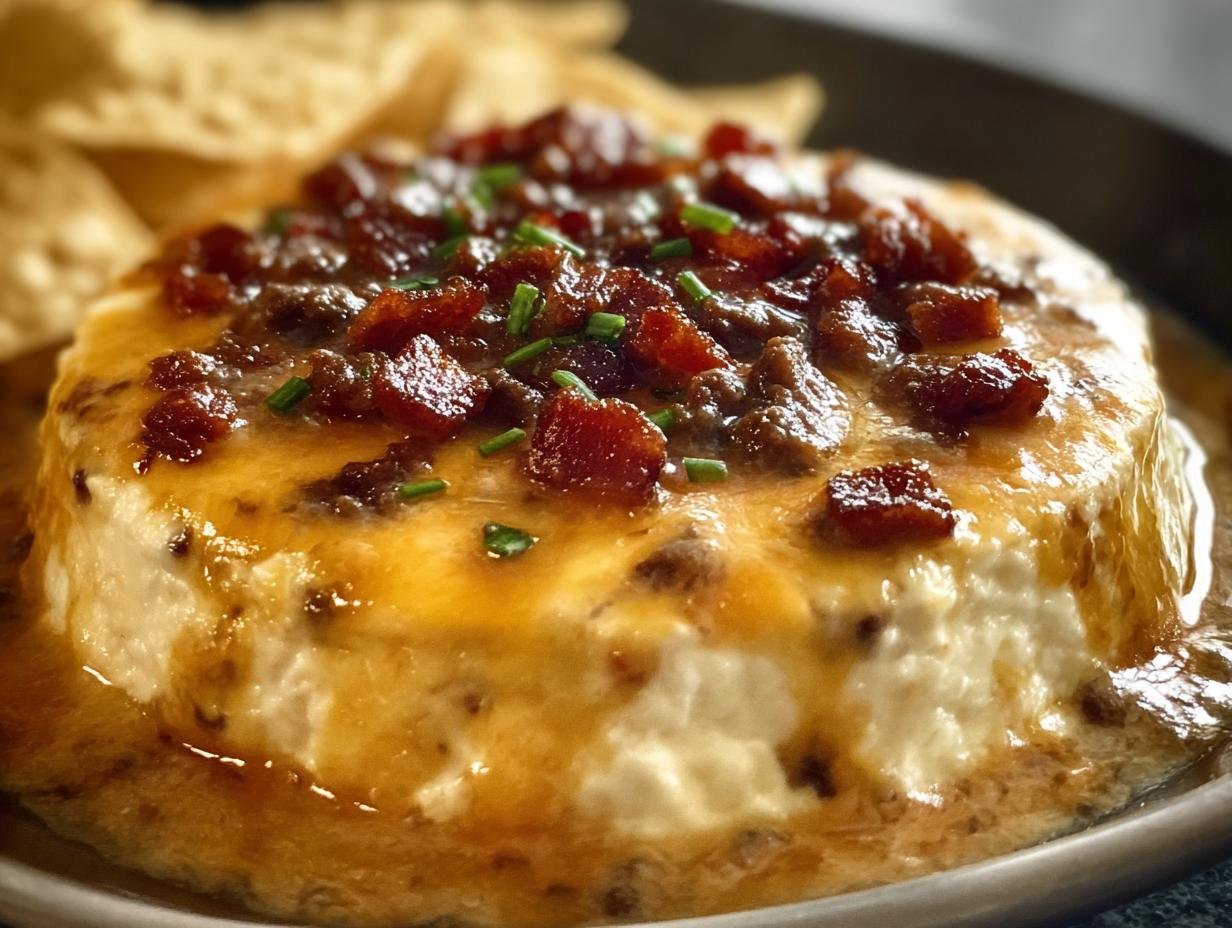 Gros plan d'une trempette queso au bœuf dégoulinante, garnie de bacon croustillant et de ciboulette.