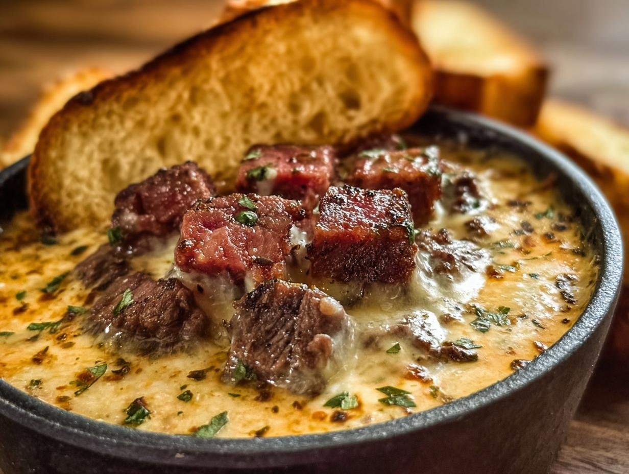 Gros plan d'une trempette queso au bœuf crémeuse, garnie de morceaux de bœuf et de persil, avec du pain grillé en arrière-plan.
