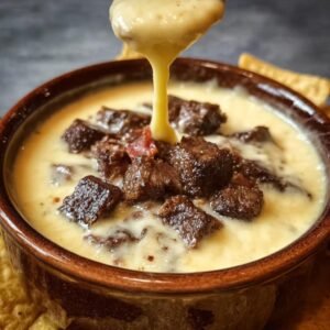 Gros plan d'une trempette Queso au Bœuf dans un bol en terre cuite, avec des morceaux de bœuf et du fromage fondu.