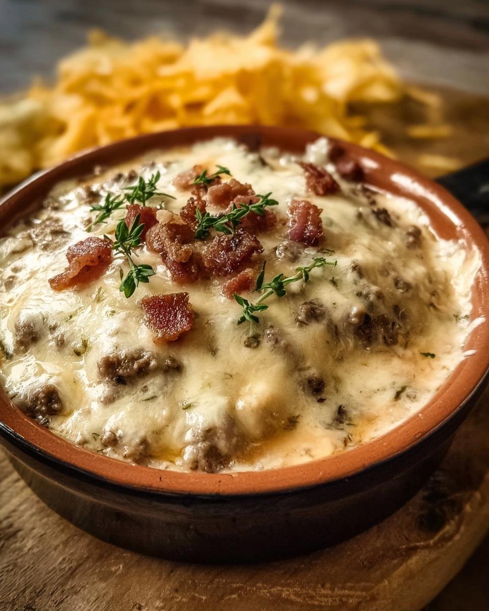 Gros plan d'une trempette queso au bœuf crémeuse et gratinée, garnie de lardons croustillants et de thym frais.