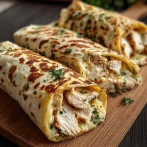 Gros plan sur des wraps au poulet, fromage et ail, garnis de persil frais, sur une planche en bois.