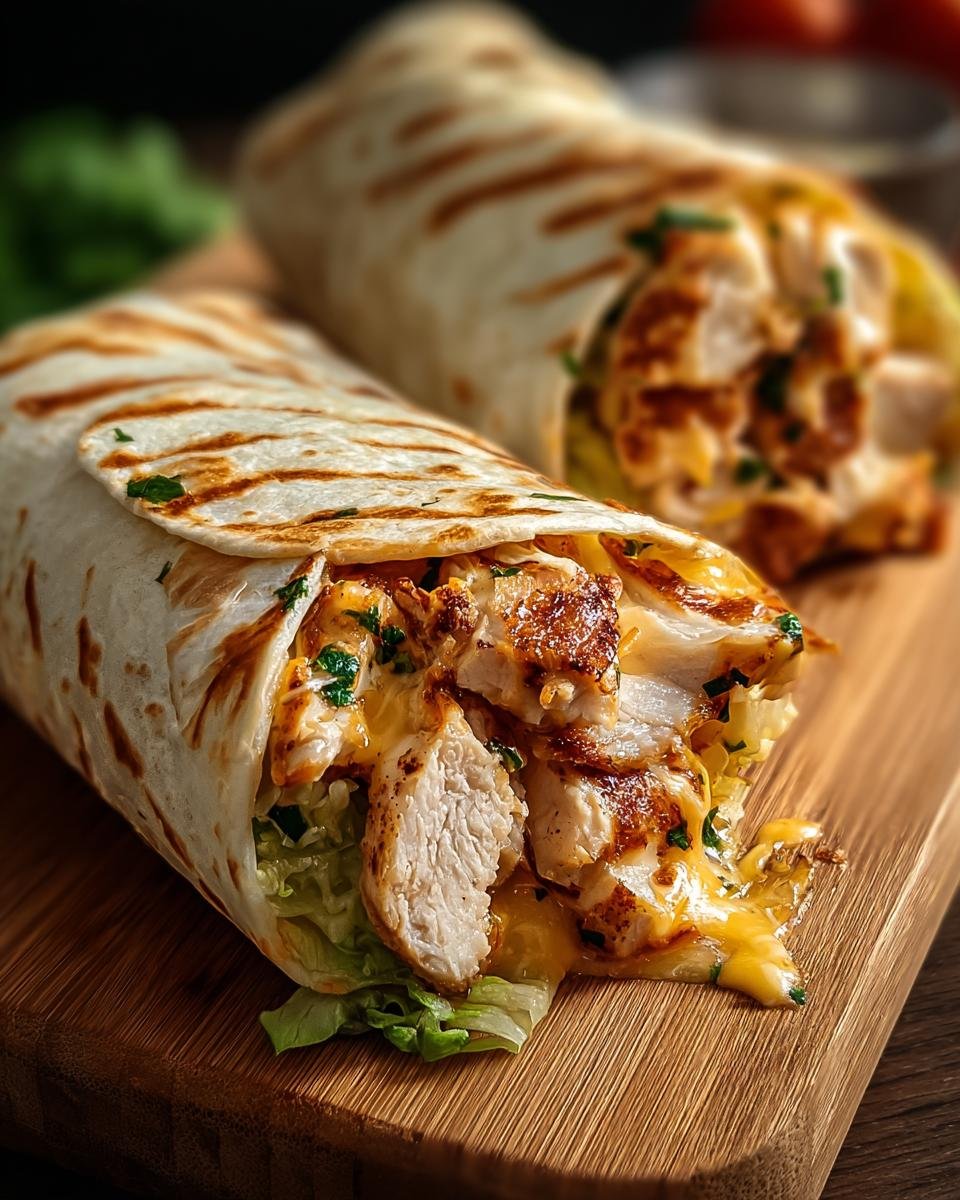 Gros plan sur deux wraps au poulet, fromage et ail, garni de persil frais, sur une planche en bois.