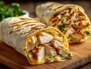 Gros plan sur des wraps au poulet, fromage et ail généreusement garnis, sur une planche en bois.