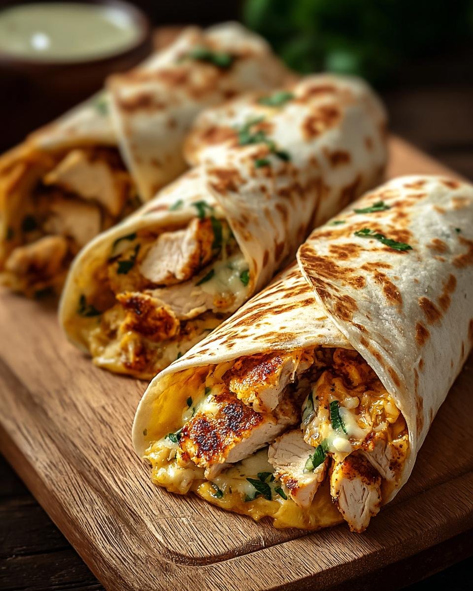 Gros plan de wraps au poulet, fromage et ail sur une planche en bois, garniture visible.