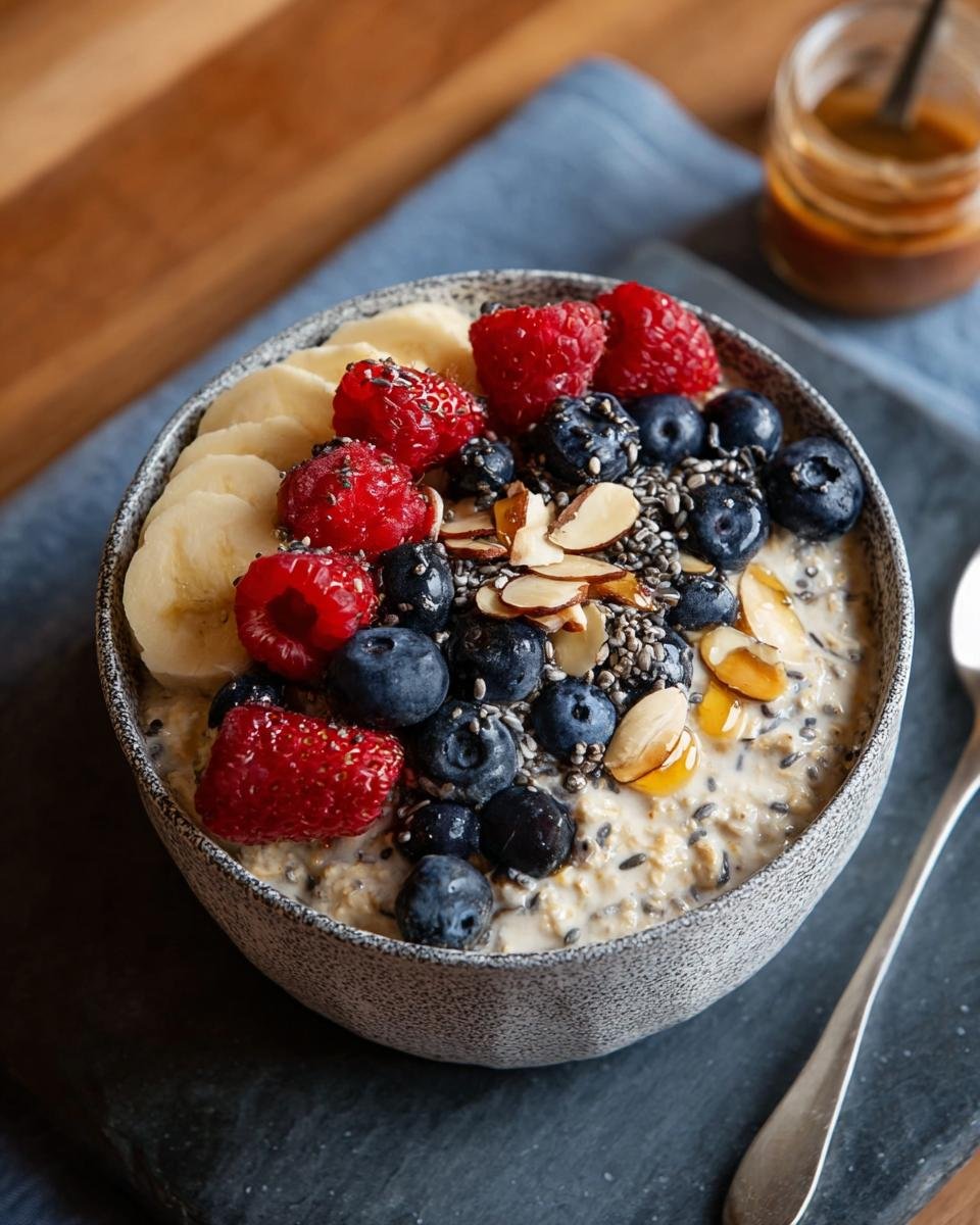 Bol d'avoine du matin haute protéine garni de framboises, myrtilles, bananes, amandes effilées et graines de chia.