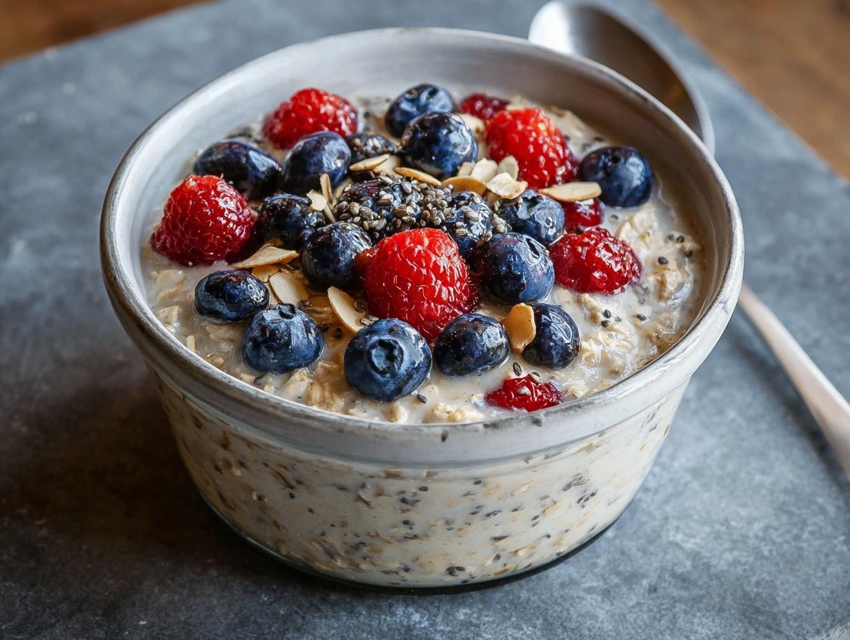 Bol d'avoine du matin haute protéine garni de framboises, myrtilles et amandes effilées.