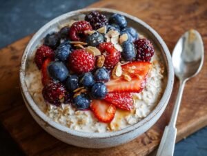Avoine du Matin Haute Protéine : 1 recette facile Un bol d'avoine du matin haute protéine garni de baies fraîches, de fraises, de framboises et d'amandes effilées.
