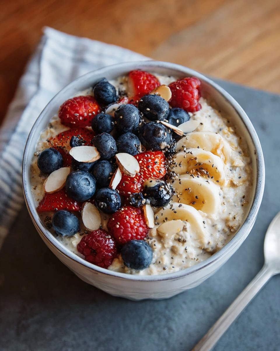 Bol d'avoine du matin haute protéine garni de framboises, myrtilles, fraises, bananes et amandes effilées.