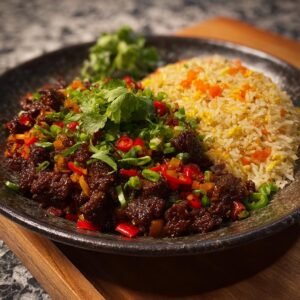Boeuf Chilli Croquant: 1 plat rapide et gourmand 4 Gros plan d'un plat de Boeuf Chilli Croquant servi avec du riz frit, garni de coriandre et de piments.