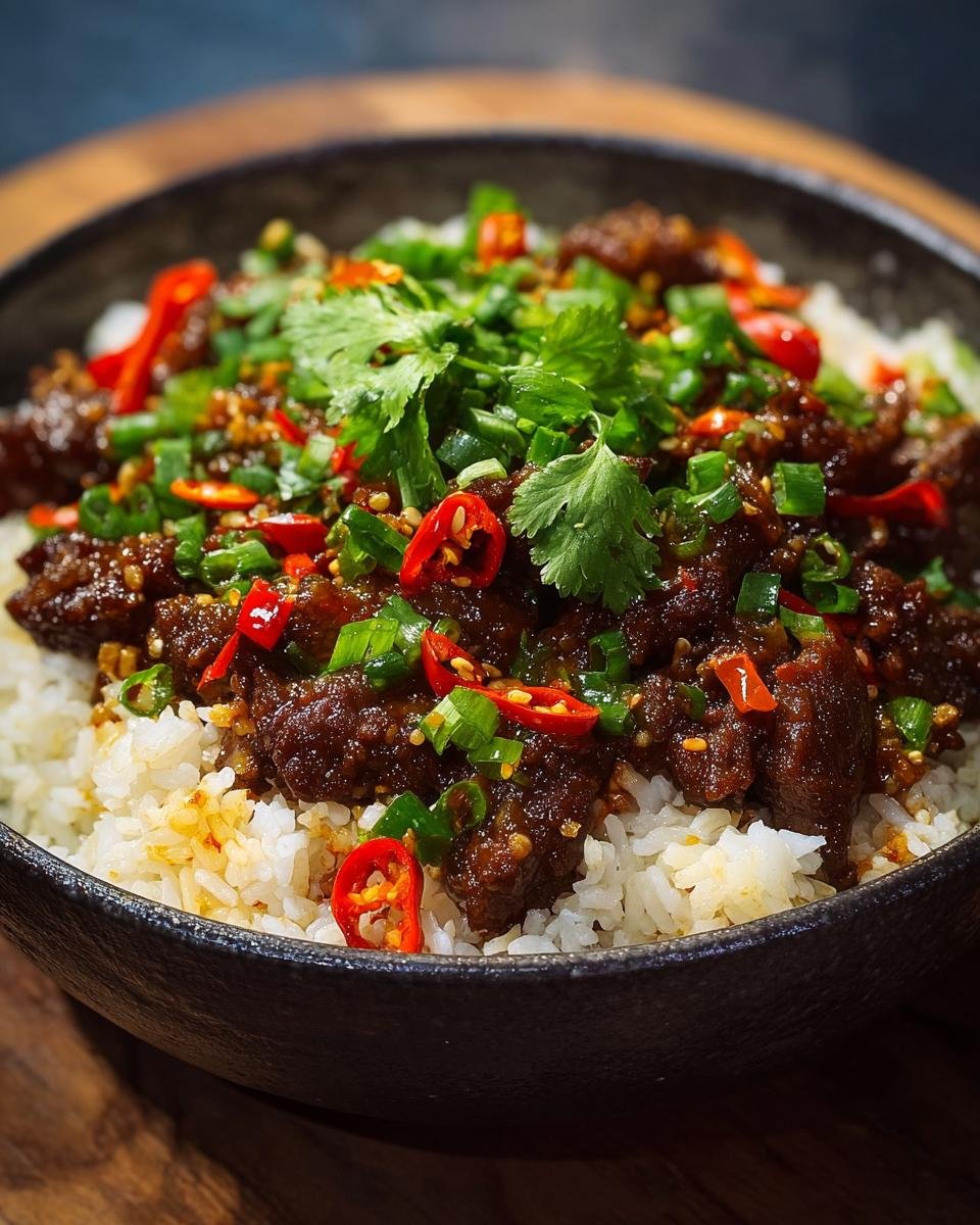 Gros plan d'un bol de Boeuf Chilli Croquant servi sur du riz frit, garni de piments rouges et de coriandre.